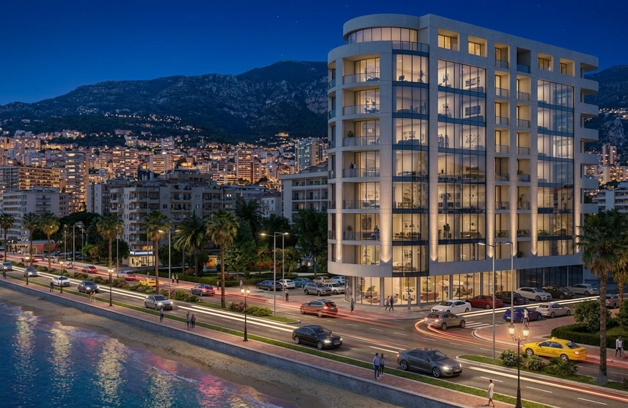 Konsol Holding seafront development at night